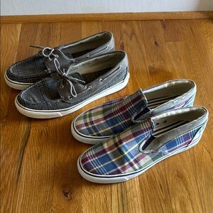 Sperry Shoe Bundle 10M - Grayish/Green Canvas Boat Shoes & Blue Plaid Slip-Ons